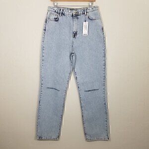 NWT Boohoo Tall Ripped Knee Straight Leg Jeans Mid Blue Size 14